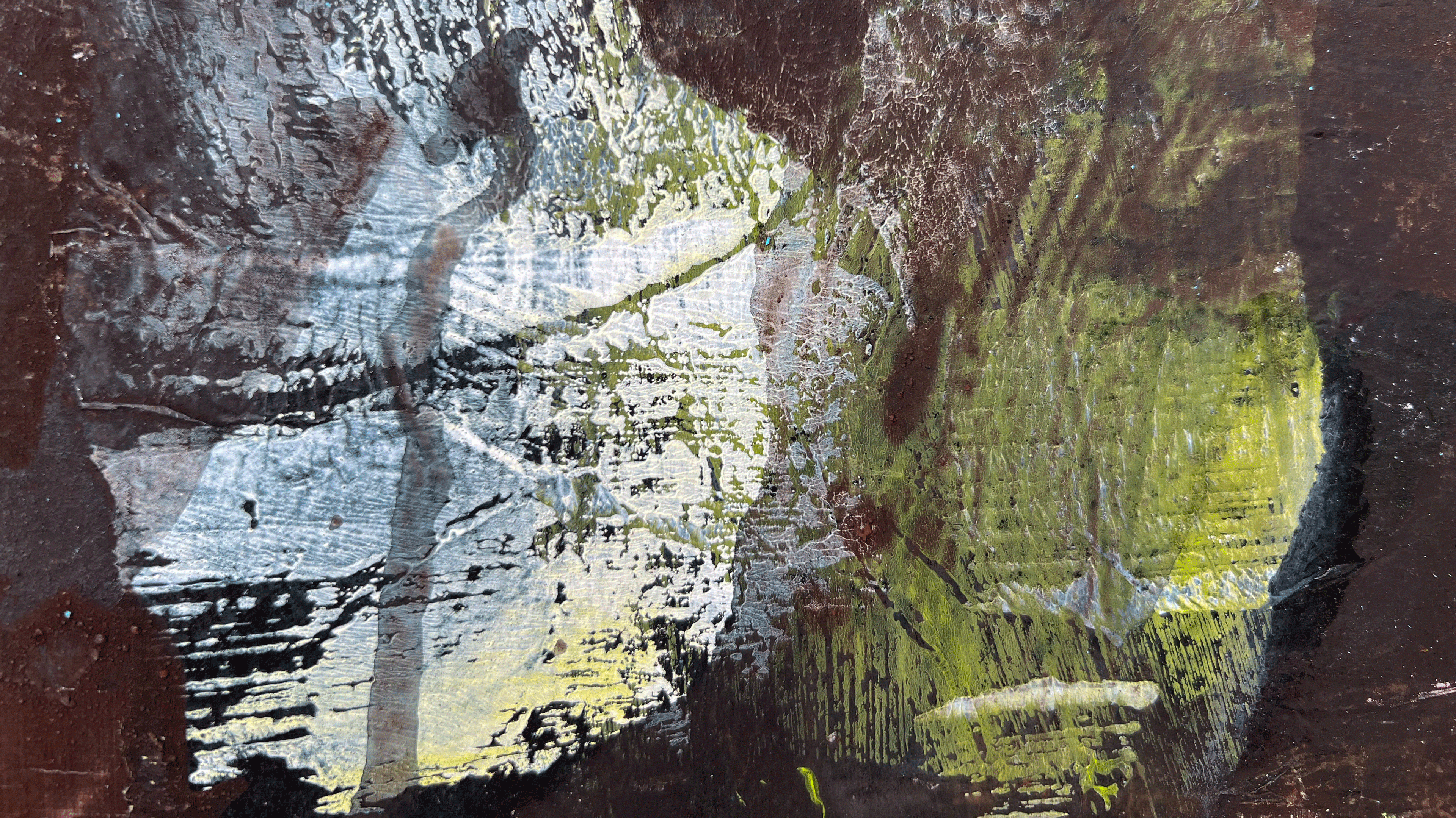 Ein abstraktes Kunstwerk in schwarz, weiss, grün und hellblau. 