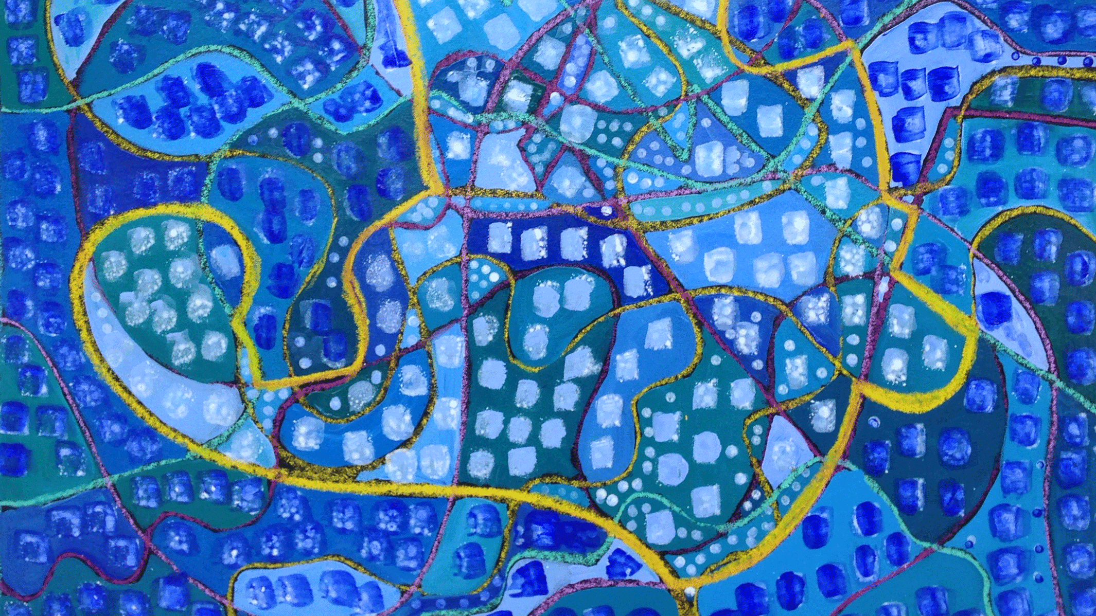 Ein Kunstwerk in unterschiedlichen Blautönen, zum Teil getupft und mit einer prägnanten gelben Linienführung in der Bildmitte.