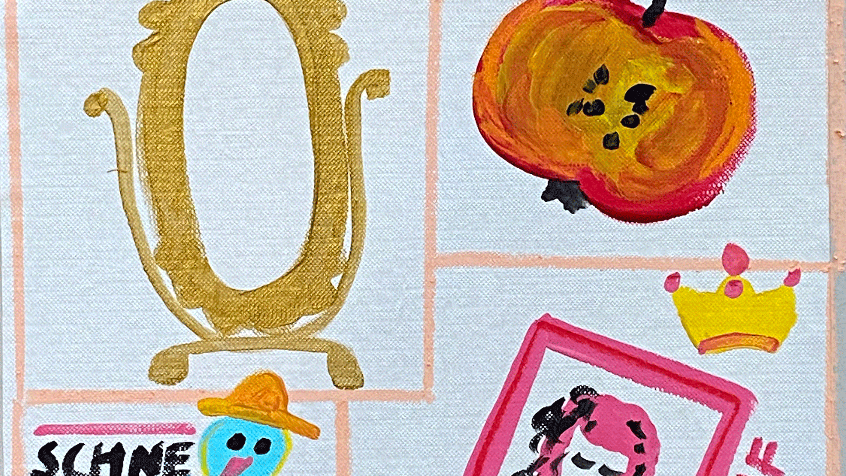 In vier Feldern ist eine Geschichte auf einem kleinen Kunstwerk gemalt.