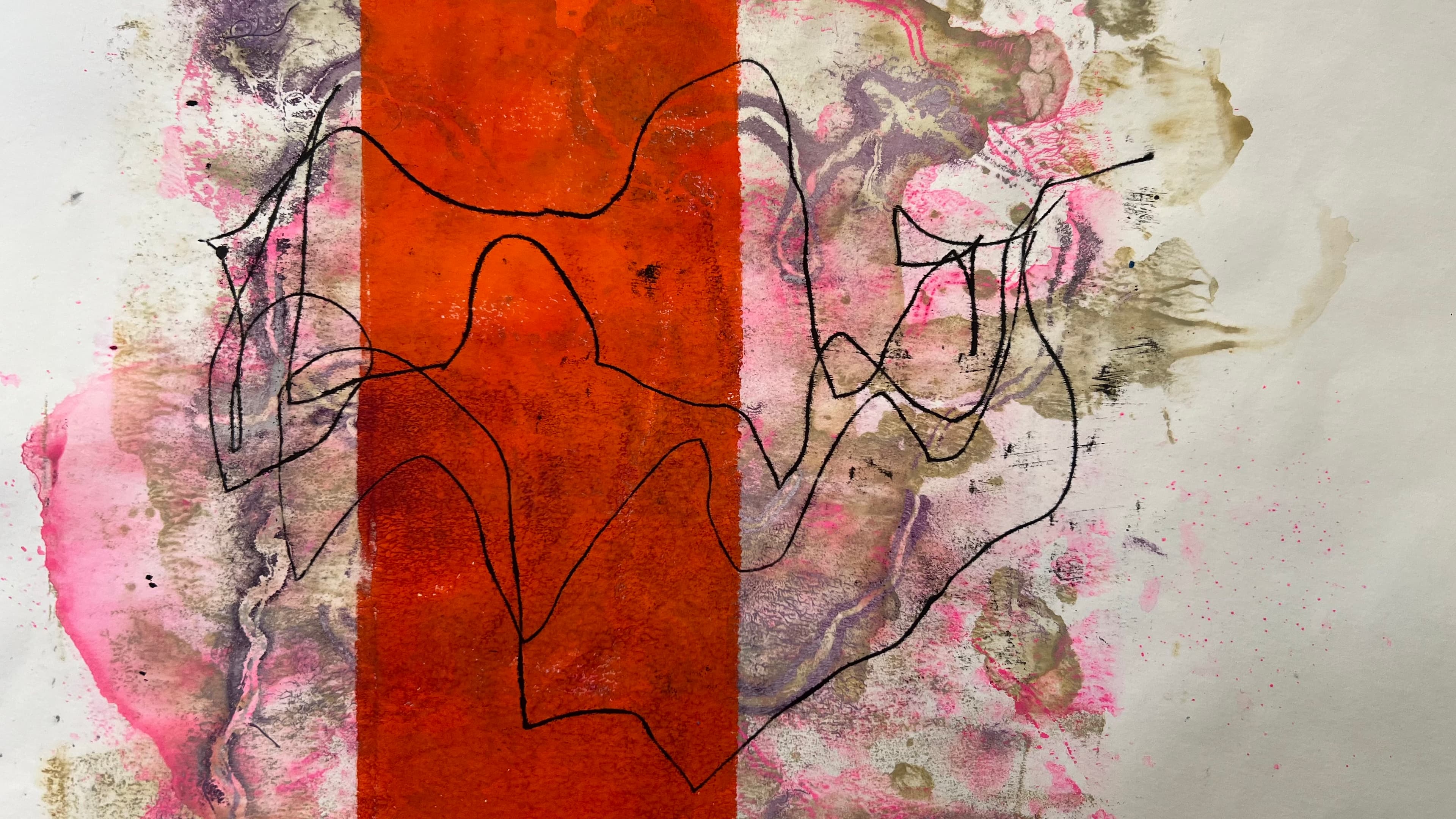 Ein gedrucktes Kunstwerk in hellen Farbtönen mit drüber gesetzter, schwarzer Linienführung und senkrechtem Balken in Orange