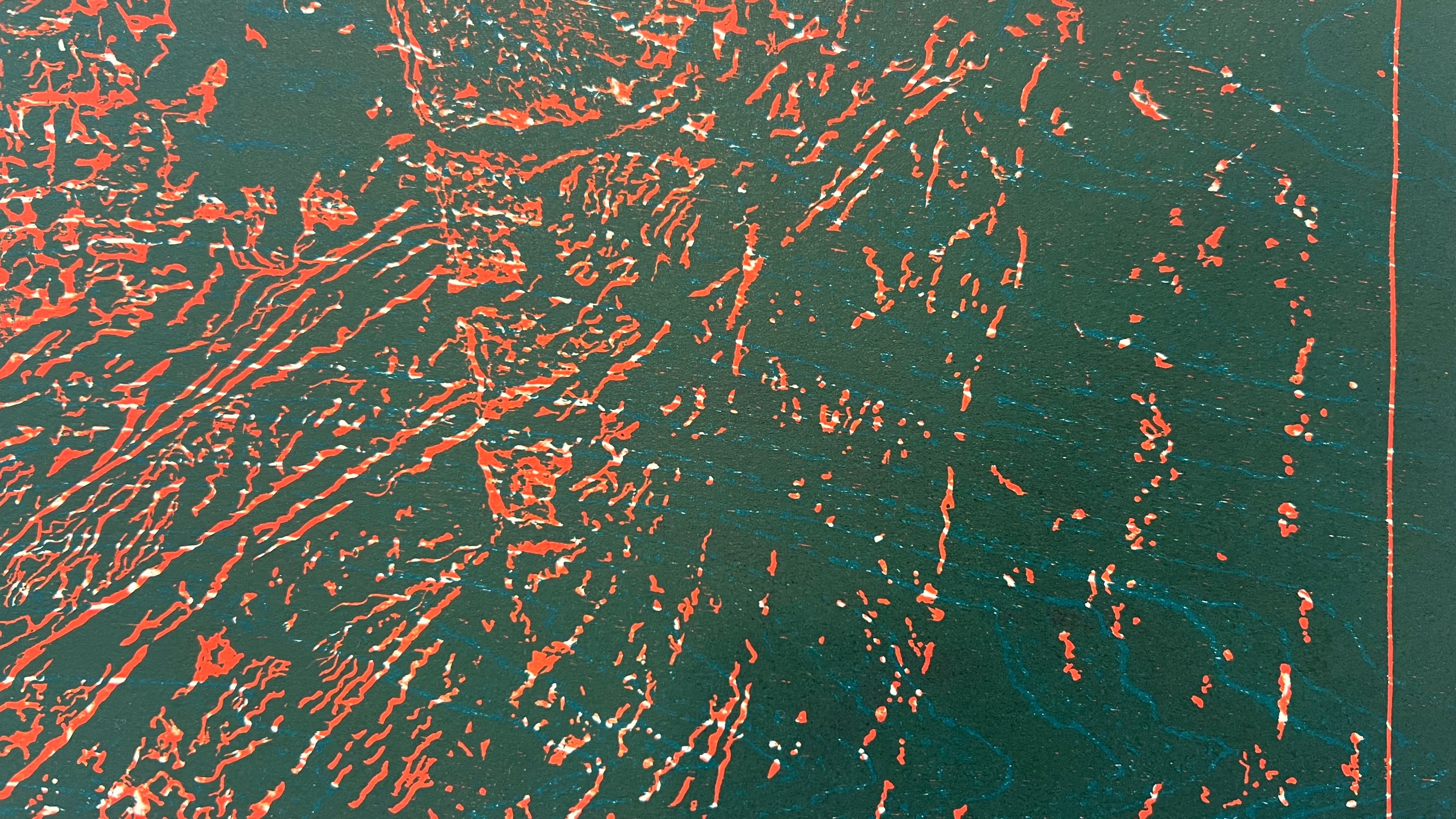 Ein mit Linolschnitt gedrucktes Werk in Grün und Orange