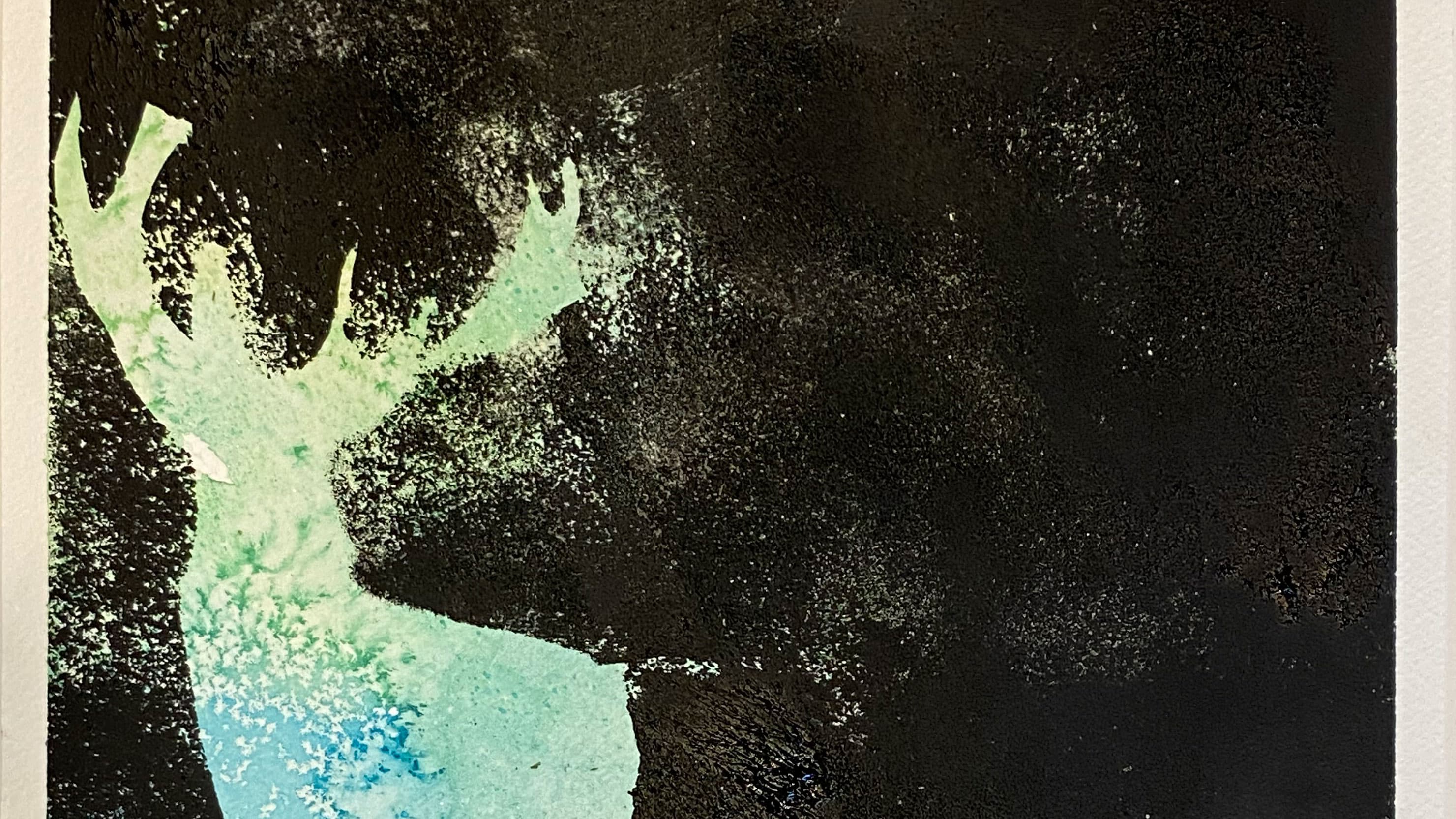 Auf schwarzem Hintergrund leuchtet die die Silhouette eines Hirsches in Gelb- und Blautönen.