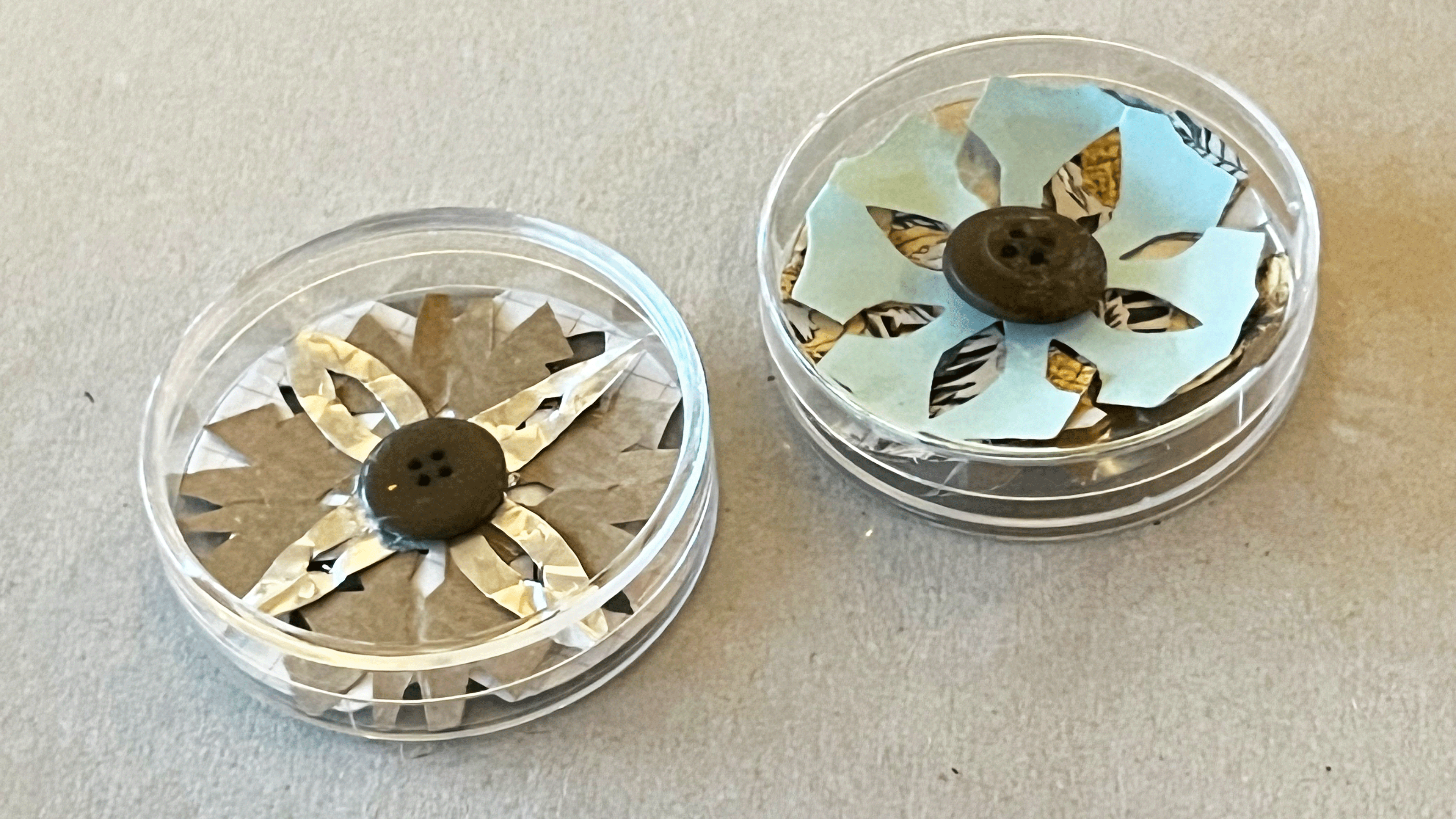 zwei bunt gestaltete Schneeflocken in einer durchsichtigen, runden Dose