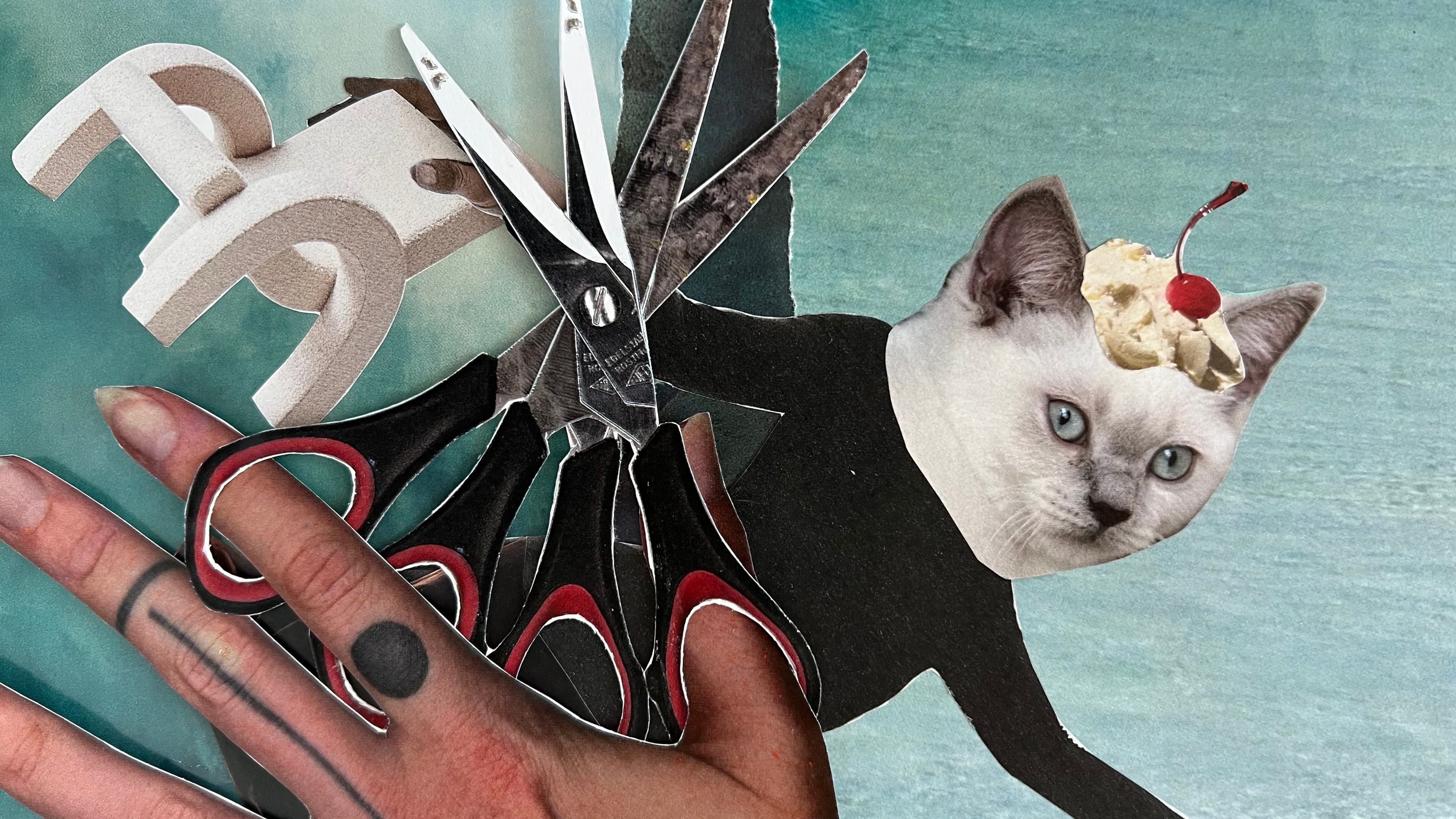 Eine selbstgestaltete Collage mit einem Katzenkopf