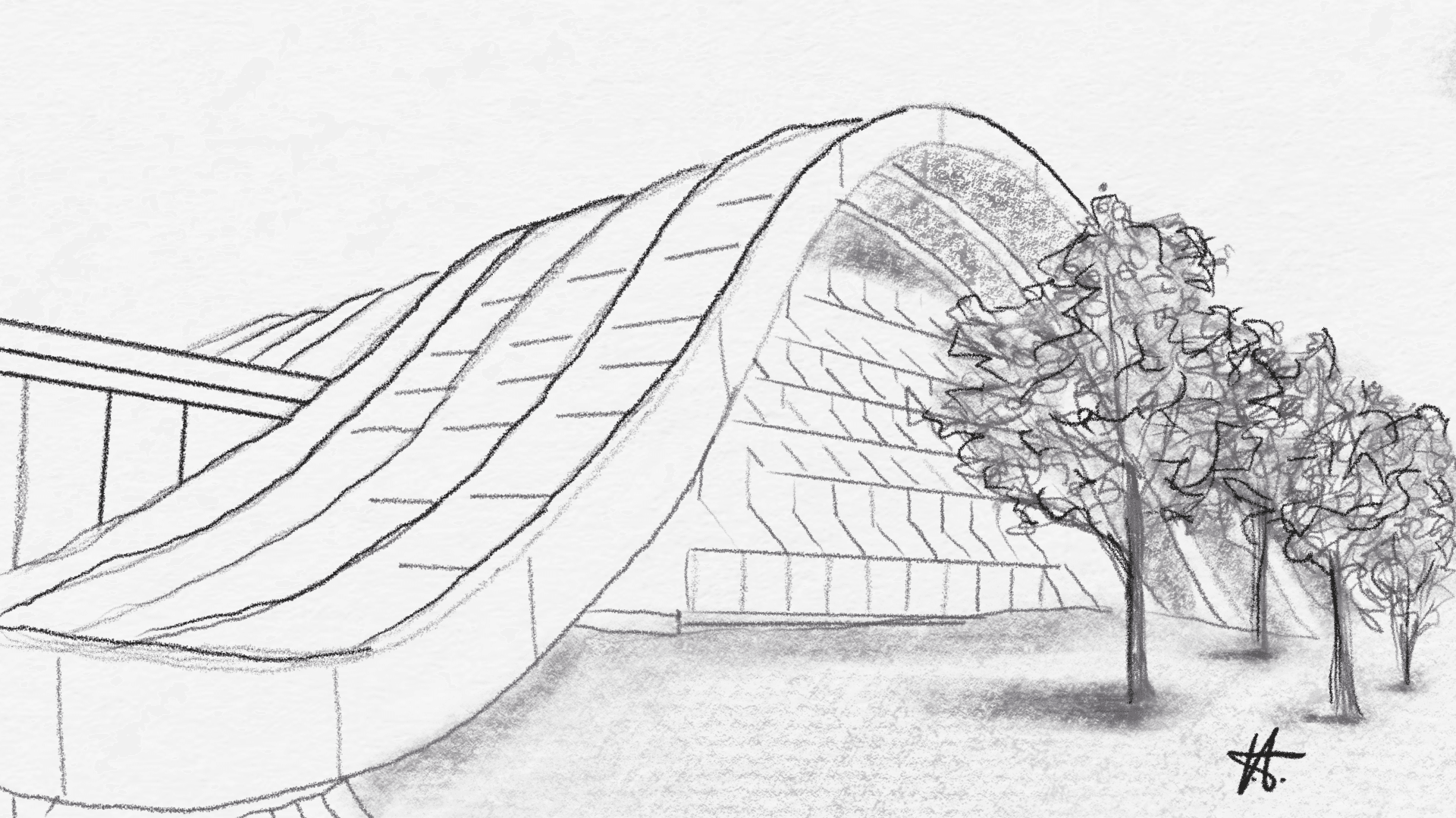 Mit der Technik des Urban Sketching die Welle des Zentrum Paul Klee gezeichnet.